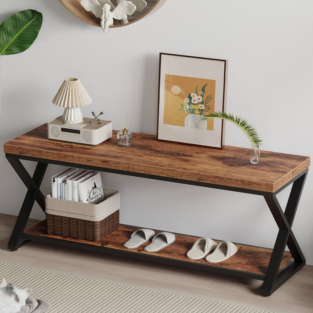 IBF Rustic Entryway Bench with Storage, Rustic Brown Wood and Metal Bench