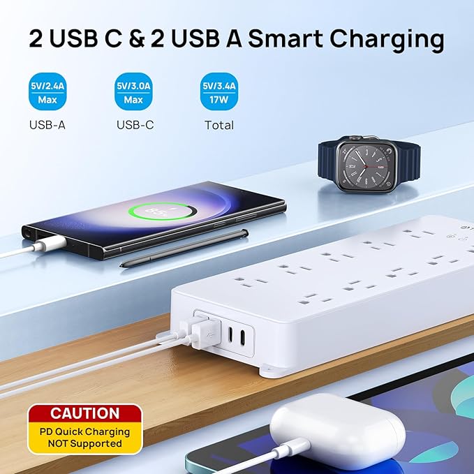 TROND Surge Protector Power Strip, Flat Plug 15ft Long Extension Cord, 10