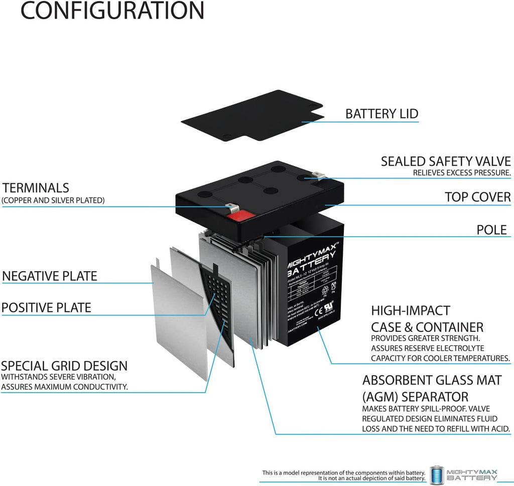 mighty max battery ml5-12 - 12 volt 5, close-up detail