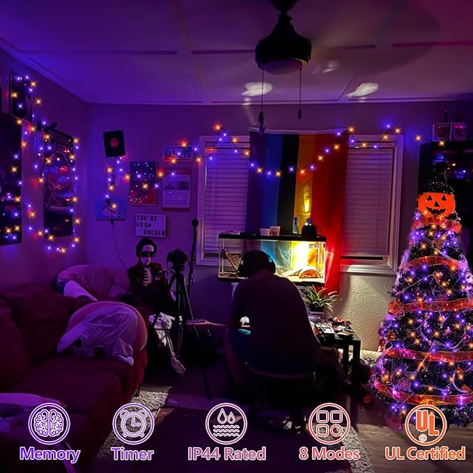YEGUO 165ft 500 LED Halloween Lights Outdoor Waterproof, Orange and Purple String Lights Indoor, Green Wire Christmas Tree Lights Plug in with Timer Memory 8 Modes