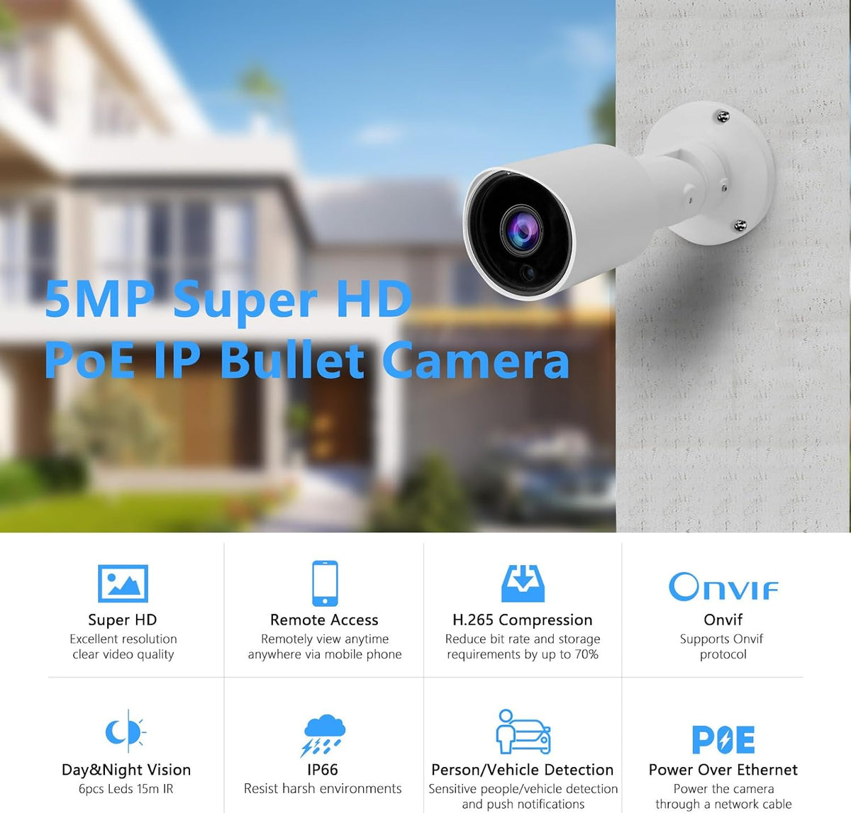 5mp poe ip bullet camera outdoor, h.265 poe shown in use