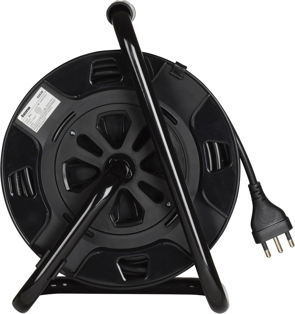 BTICINO Cable Reel S2630, Electric Extension 30 Metres, 4 Schuko Sockets, Double Pole, Large 16 A Plug, Thermal Switch, Ergonomic Handle, Cable Holder and Cable Reel, Full Black