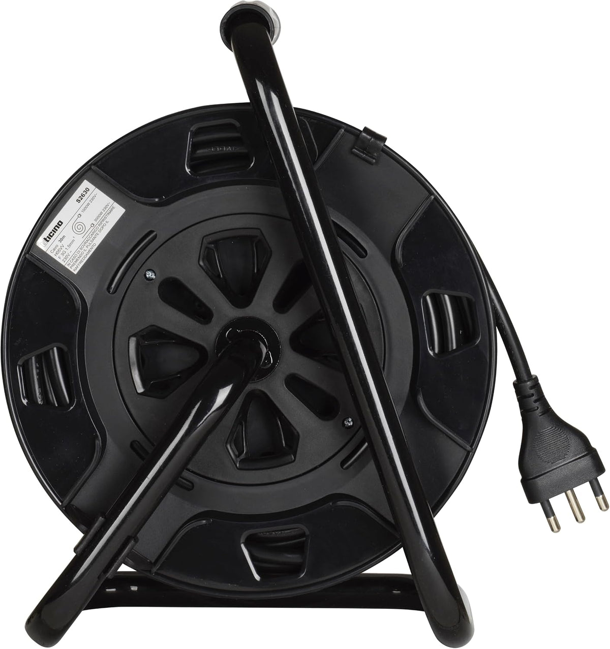 BTICINO Cable Reel S2630, Electric Extension 30 Metres, 4 Schuko Sockets, Double Pole, Large 16 A Plug, Thermal Switch, Ergonomic Handle, Cable Holder and Cable Reel, Full Black