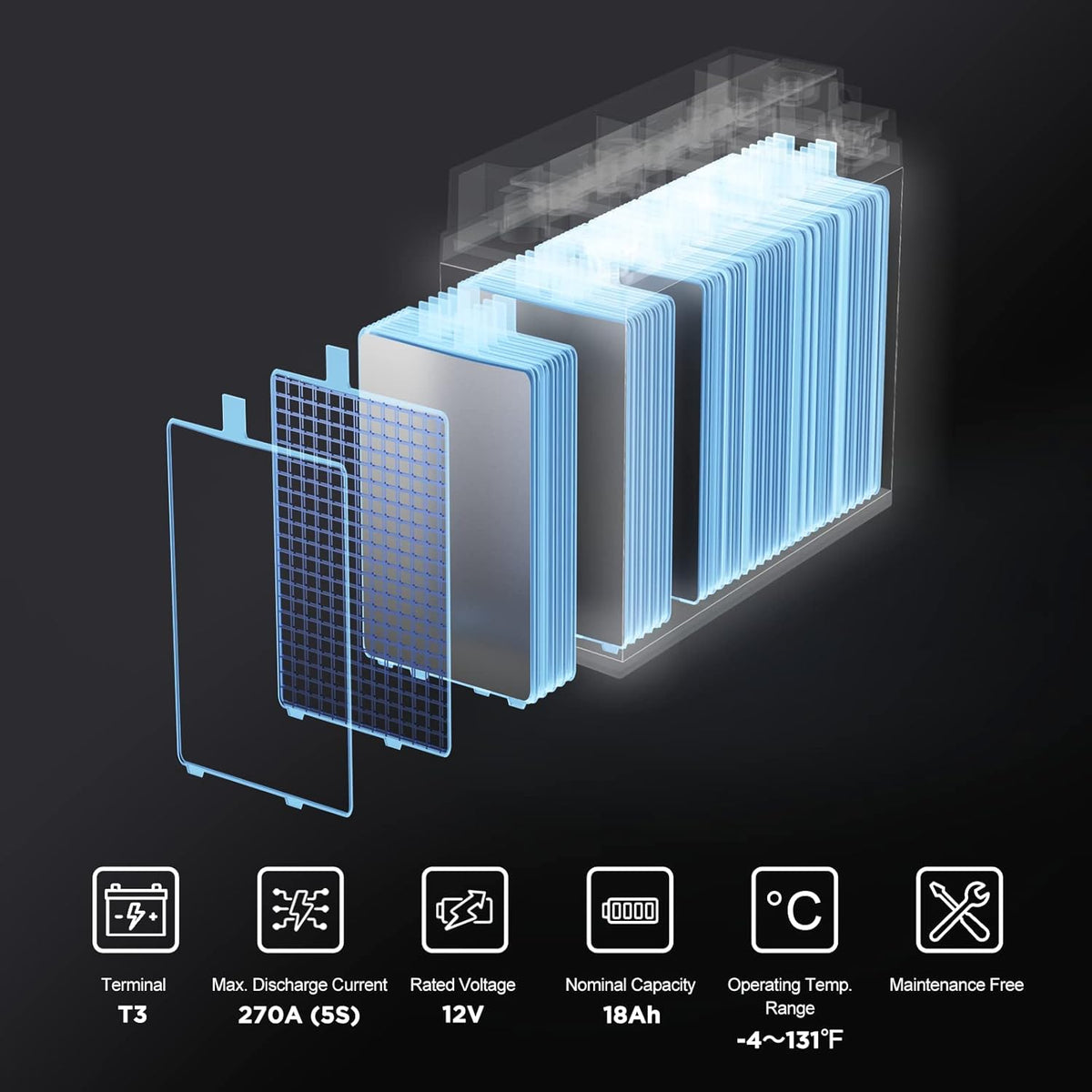 uplus 12v 18ah rechargeable agm battery with nut showing dimensions
