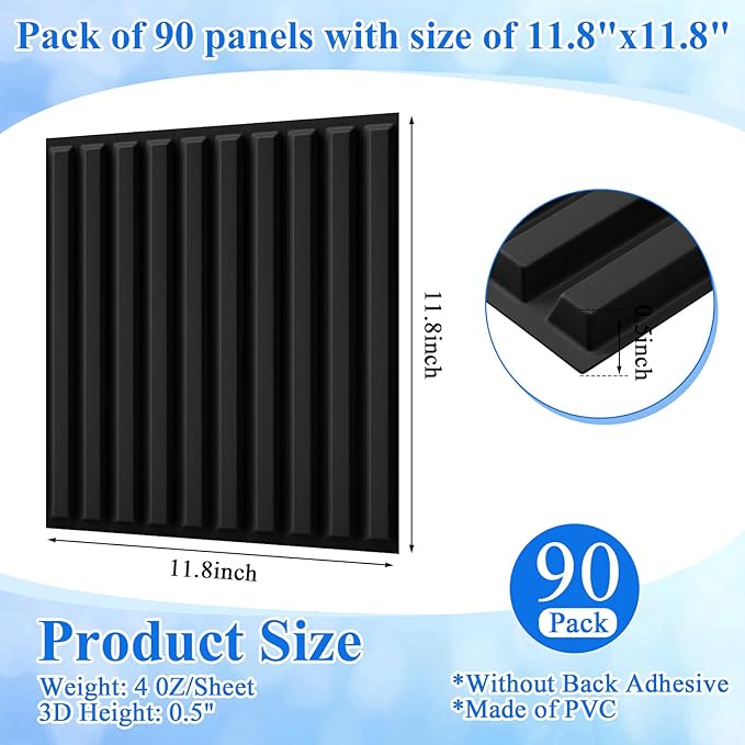 Nuanchu 90 Pcs 3D Slat Wall Panels 12 x 12 Inch PVC Fluted Textured Panel