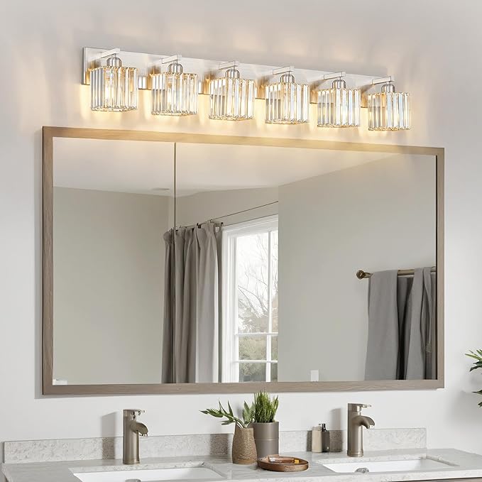 FDPBY Modern Vanity Light 6-Lights Brushed Nickel Vanity Light Crystal Bathroom