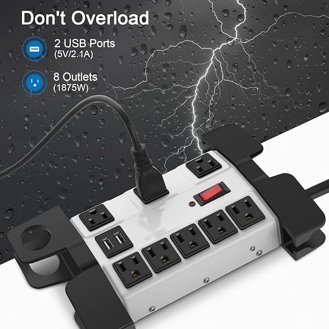 Heavy Duty Power Strip with USB, Workshop 8 Outlet Surge Protector 2700 Joules