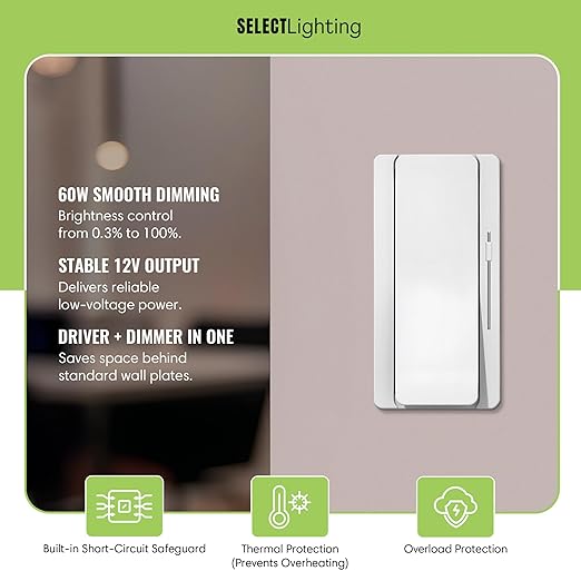 Select LED 60W 12V DC Driver and Dimmer Light Switch, 120VAC Decora Dimmer