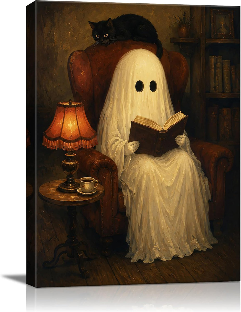 Halloween Canvas Wall Art, Reading Ghost with Black Cat Halloween Pictures