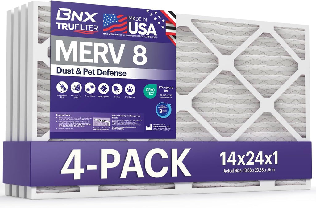 BNX TruFilter 14x24x1 Air Filter MERV 8 (4-Pack)