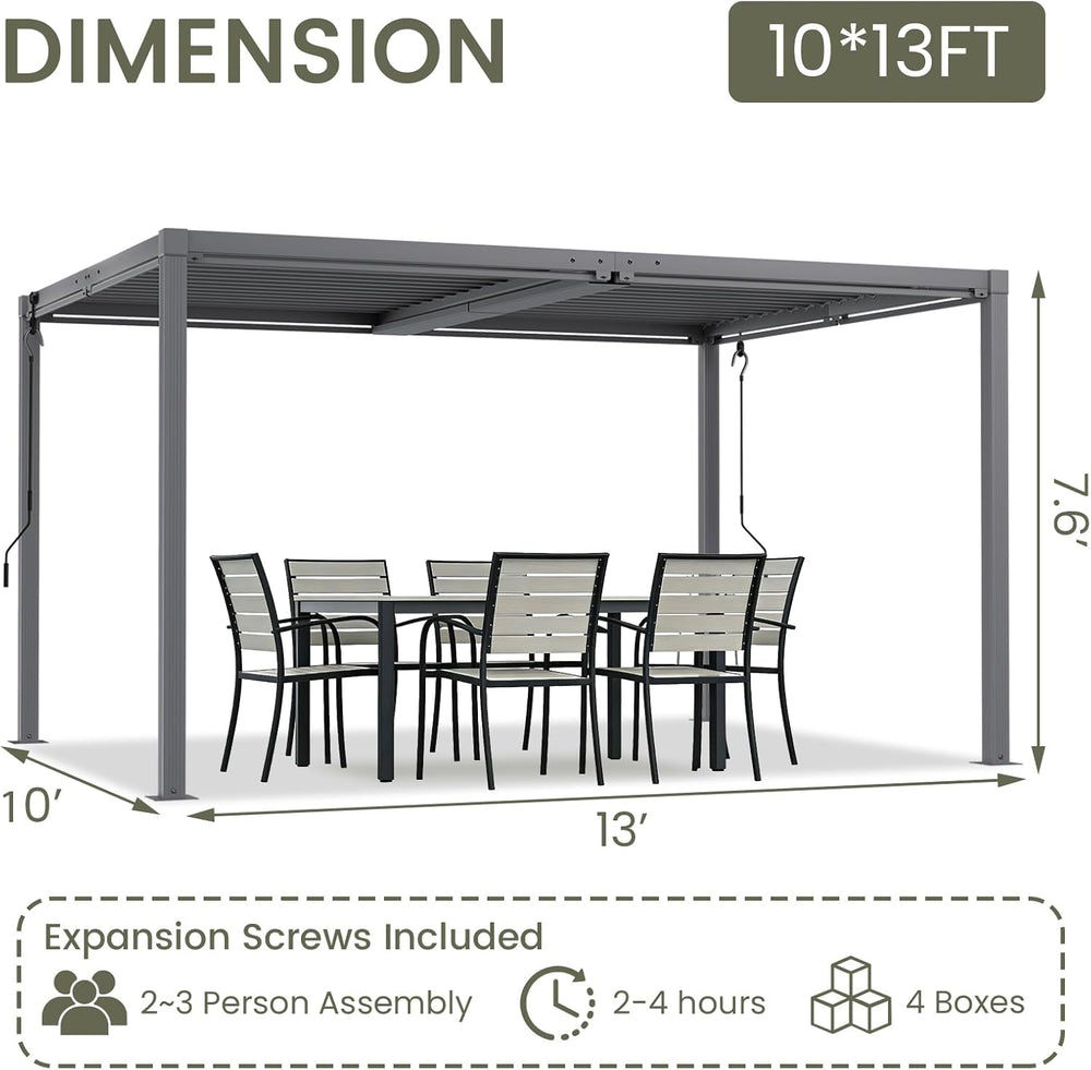 Louvered Pergola 10' x 13', Outdoor Aluminum Pergola, Gray
