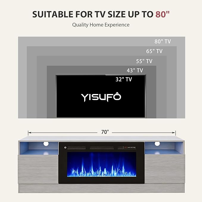 YISUFO 70" TV Stand with 36" Electric Fireplace, Large Modern Media