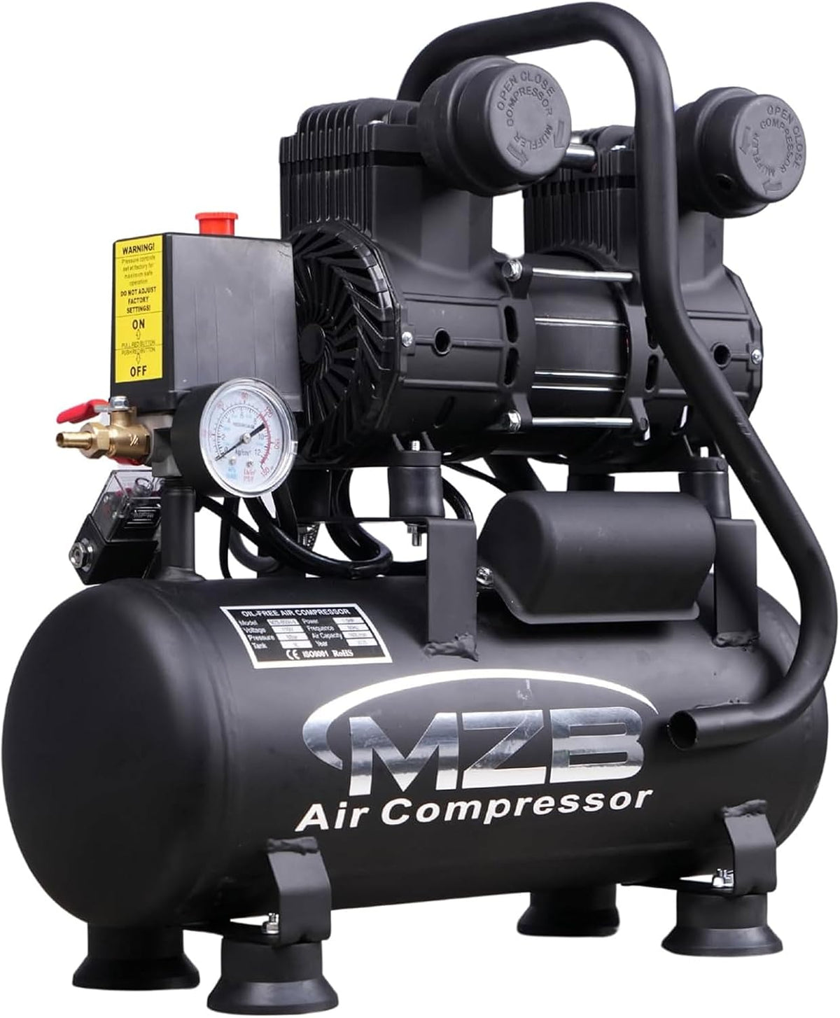 MZB 2.4 Gallon Ultra Quiet Air Compressor 110V/60Hz 1.2HP 5.65CFM, MAX 115PSI Steel Tanks Oil-Free 70dB Noise Level Air Compressor for Spray Painting, Auto Repair, Carpentry Decoration