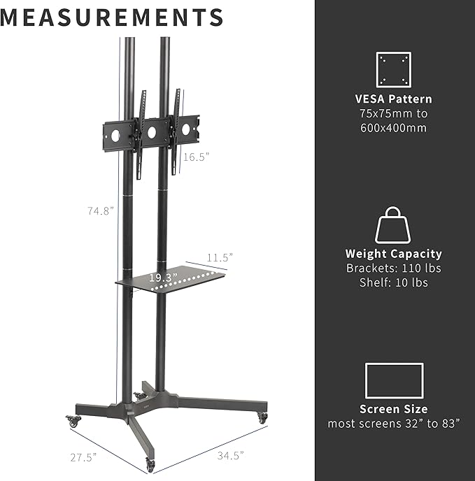 VIVO Tall TV Cart for 32 to 83 inch Screens up to 110 lbs, LCD LED OLED 4K