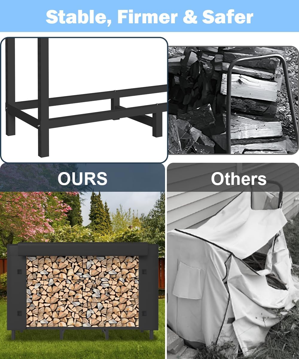 4ft Firewood Rack Holder with Cover, Adjustable Heavy Duty Fire Log Stacker S...