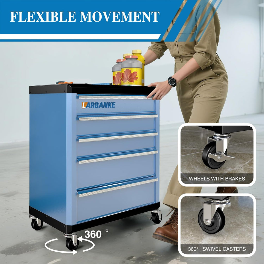 larbanke 5-drawer rolling tool chest with wheels,lock&key,blue tool, side view