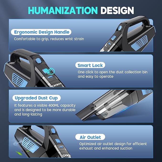 CKIKH Handheld Vacuum Cordless, 15000PA Strong Suction Hand Held Car Vacuum