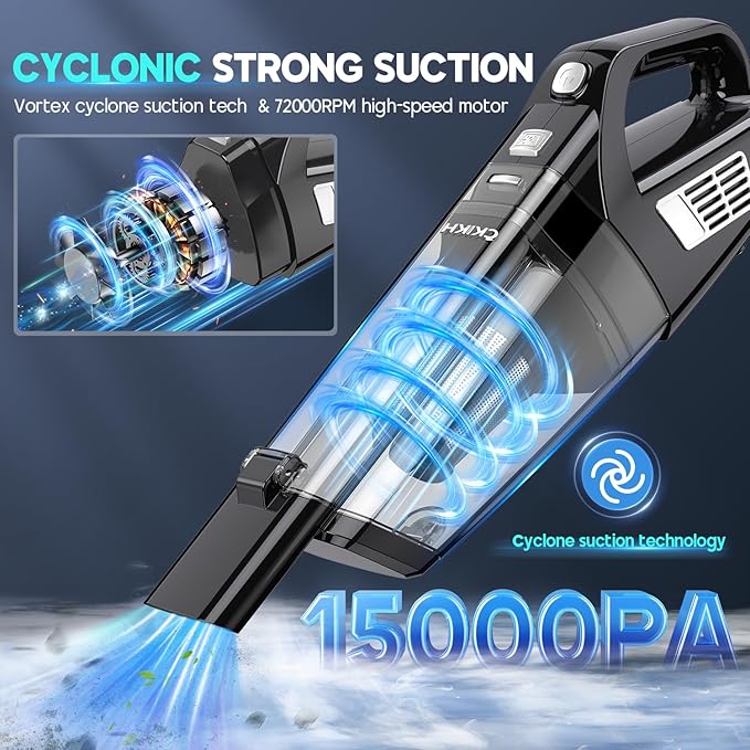 CKIKH Handheld Vacuum Cordless, 15000PA Strong Suction Hand Held Car Vacuum