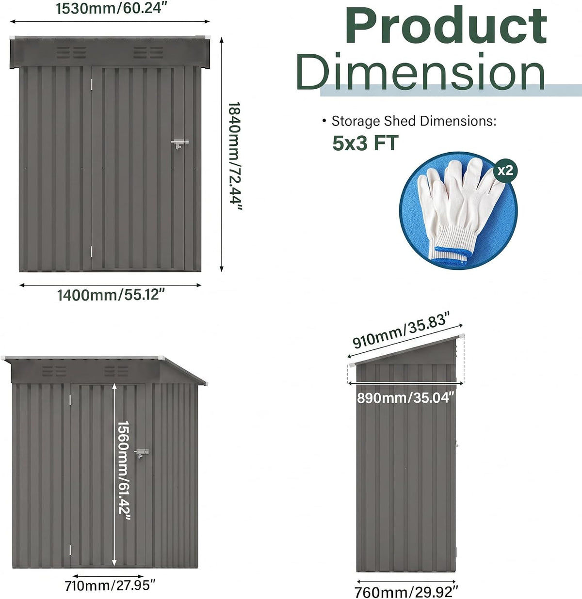 5x3 ft outdoor storage shed, metal tool shed shown in use
