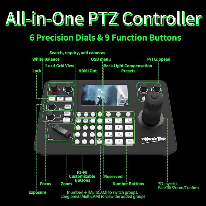 Zowietek PTZ Controller 7D Joystick Keyboard, HDMI Output, Automatic Camera