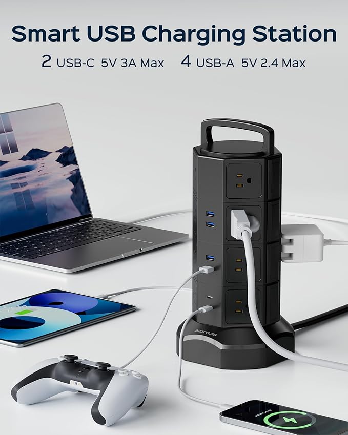 Power Strip Tower Surge Protector, JACKYLED 16 Outlets 6 USB Charging Station