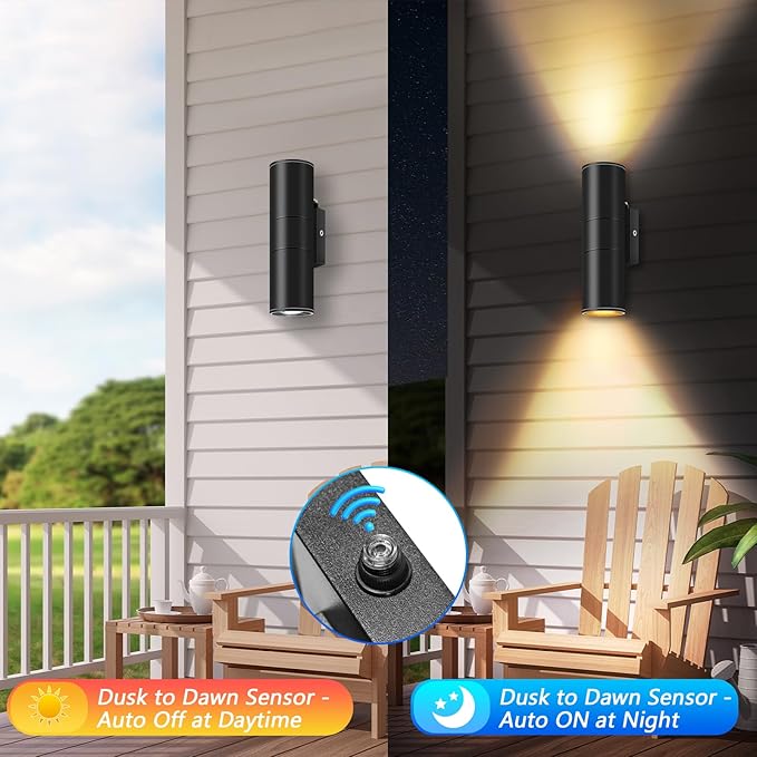 RIDALUX Dusk to Dawn Outdoor Wall Lights: 2 Pack Sensor Waterproof Cylinder Up