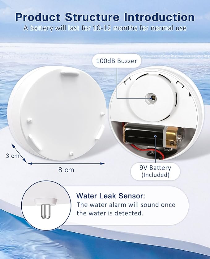 Geevon 8 Pack Water Leak Detectors, 100dB Water Sensor Alarms Flood Detector