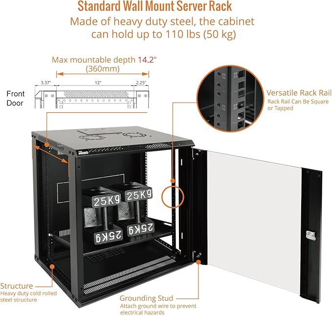 Tecmojo 12U Wall Mount Server Cabinet IT Network Rack Enclosure Lockable Door