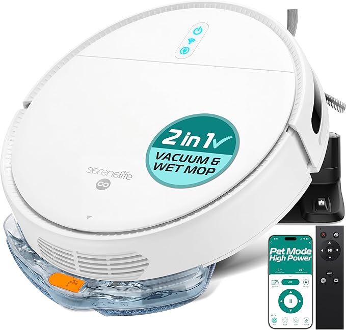 SereneLife Smart Robot Vacuum Cleaner and Mop Combo, App Control, 3 Cleaning