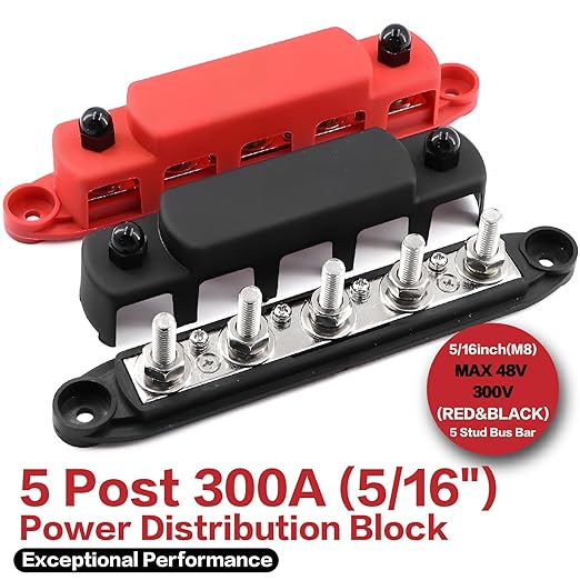 Tuijodaix 300A Bus Bar 5 Post 12V-48V DC Power Distribution Block, 5 * 5/16"