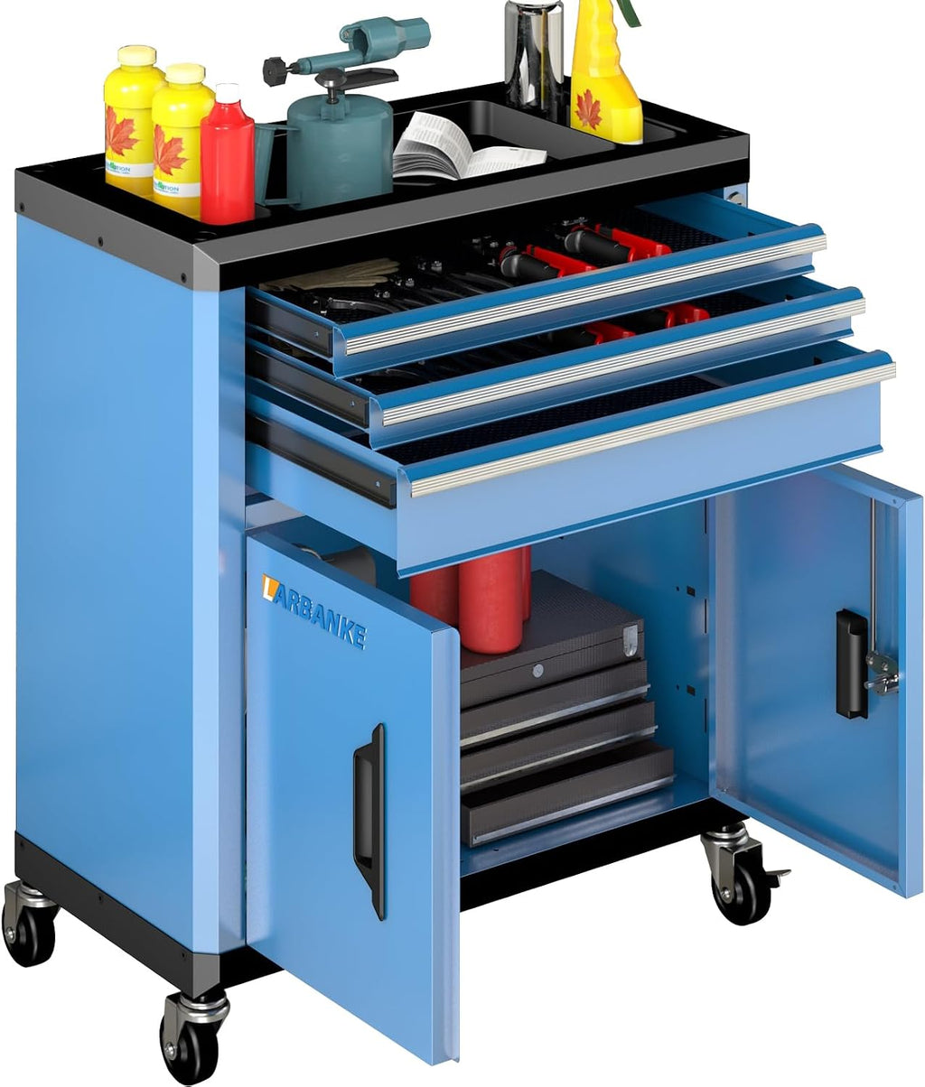 larbanke rolling tool chest with lock&keys,360° wheels and shown in use