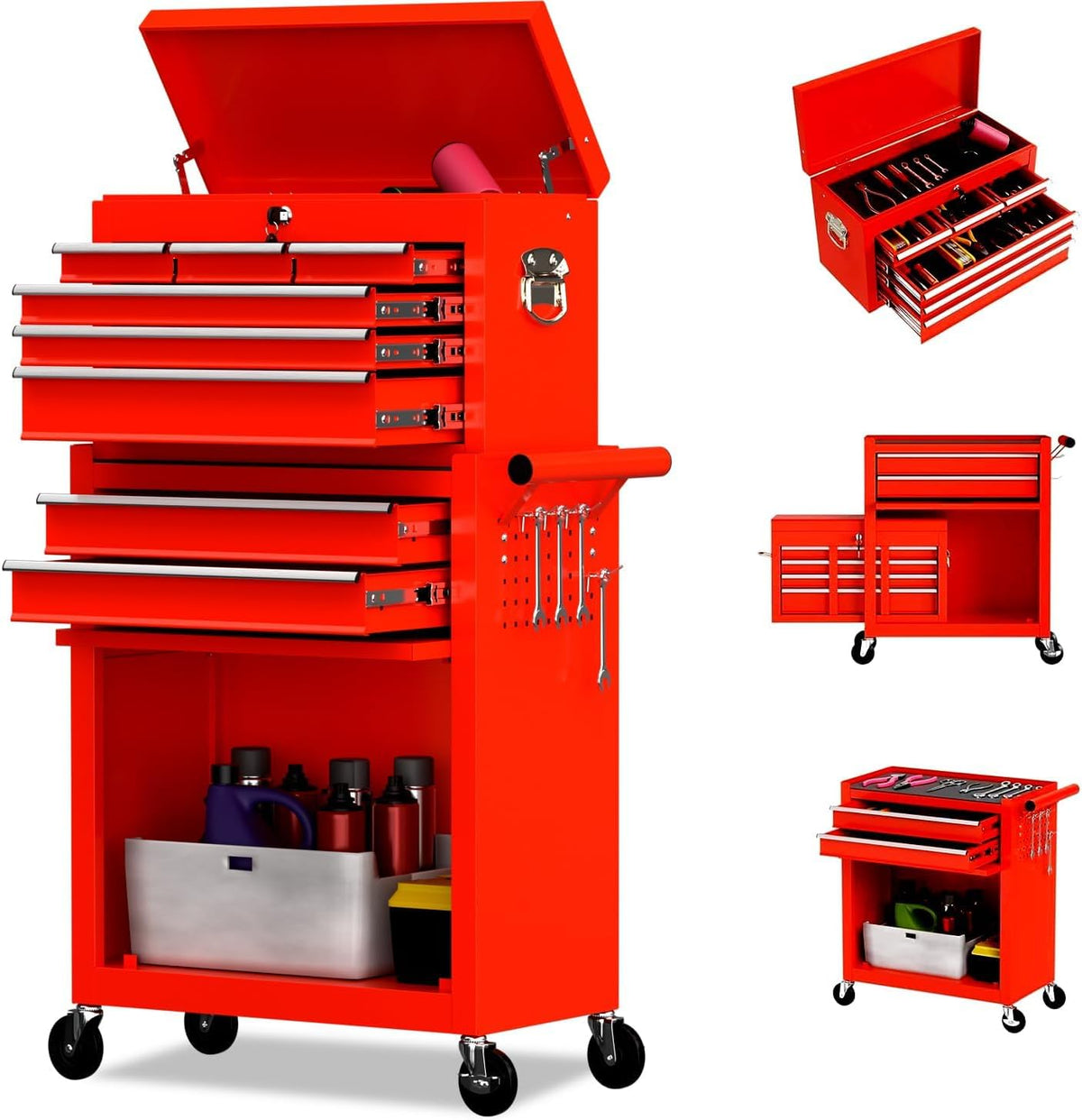 8-Drawer Rolling Tool Chest Tool Box,Removable Tool Storage Cabinet with 4 Wheels and Drawers,2 in 1 Portable Toolbox Organizer, Tool Chest with Lockable Drawer Gifts for Men (Red)