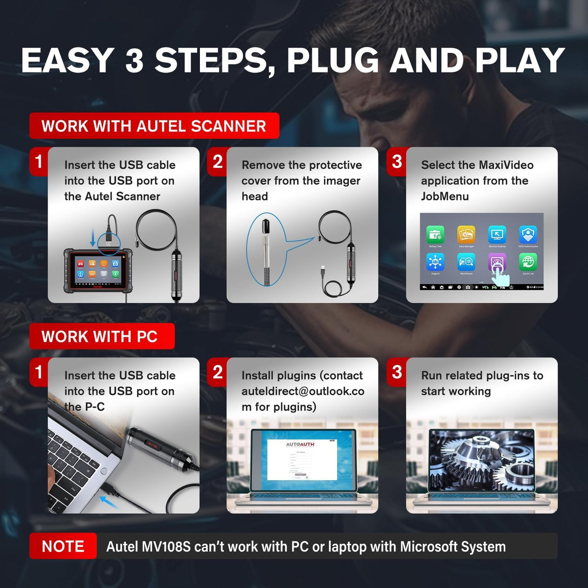 2026 autel maxivideo mv108s digital inspection camera, 2mp, package contents