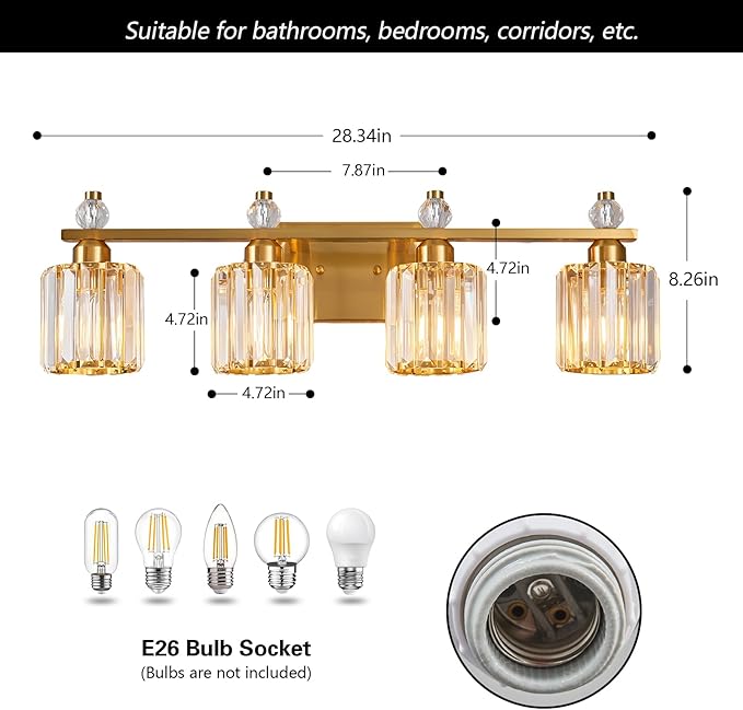 FDPBY Bathroom Vanity Lights 4-Light Gold Modern Crystal Vanity Light Fixtures