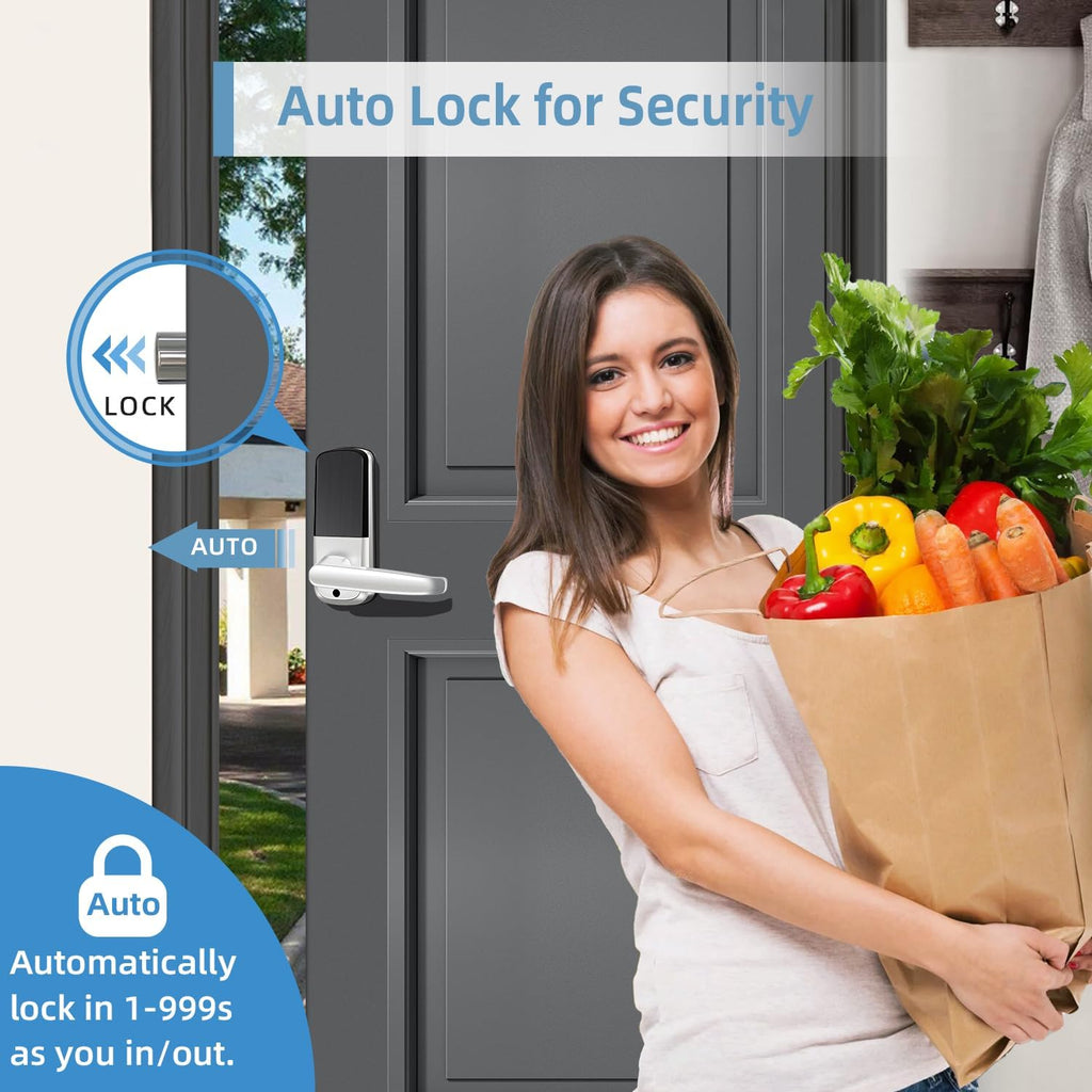 smart lock with handle set, biometric fingerprint keyless showing dimensions