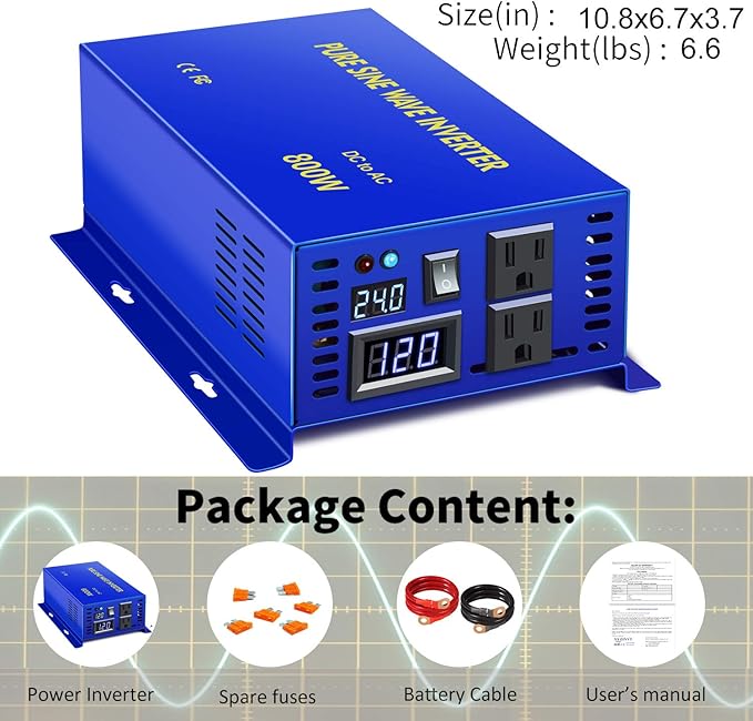 XYZ INVT 800 Watt Pure Sine Wave Inverter 24V DC to 110V 120V AC, 800W Power