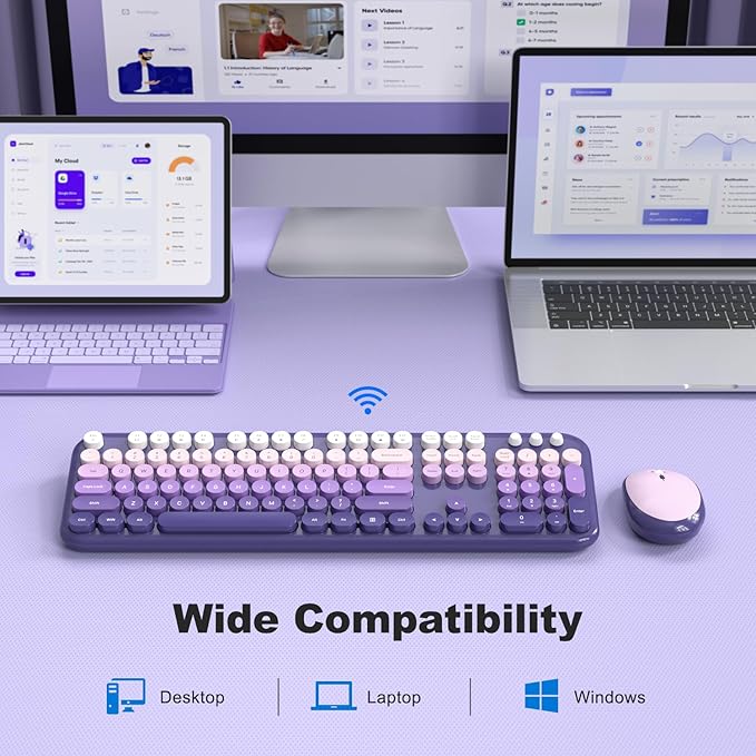 MOFII Wireless Keyboard and Mouse Combo, Full Size 2.4G Retro Round Computer