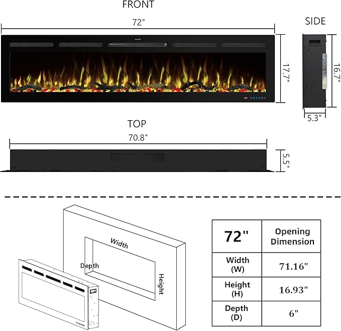 72" WiFi Electric Fireplace, Recessed and Wall Mounted Fireplace Heater