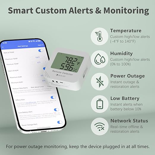 FALA IOT WiFi Temperature & Humidity Monitor, No Subscription 24/7 Remote Temp