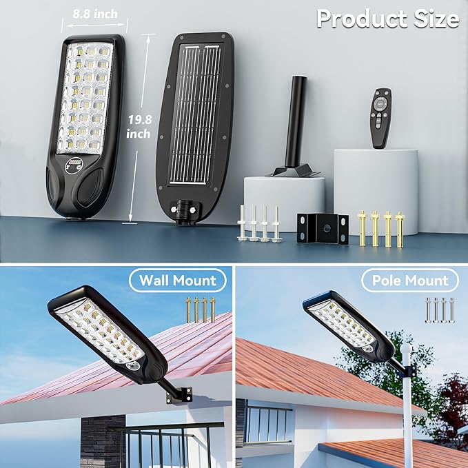 MMKT Solar Lights Outdoor, 8000W 3 Color Solar Street Lights, Commercial Solar (2 Pack)