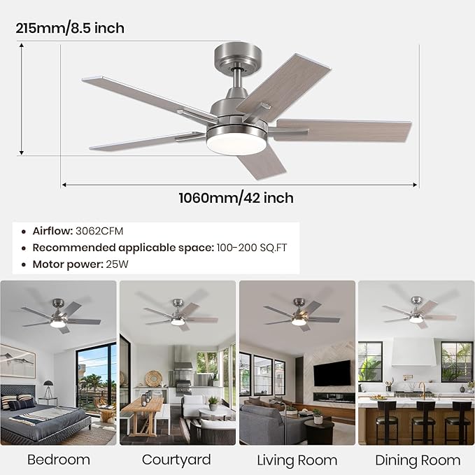 SODSEA Ceiling Fans with Lights, 42 Inch Nickel Ceiling Fan with Light and