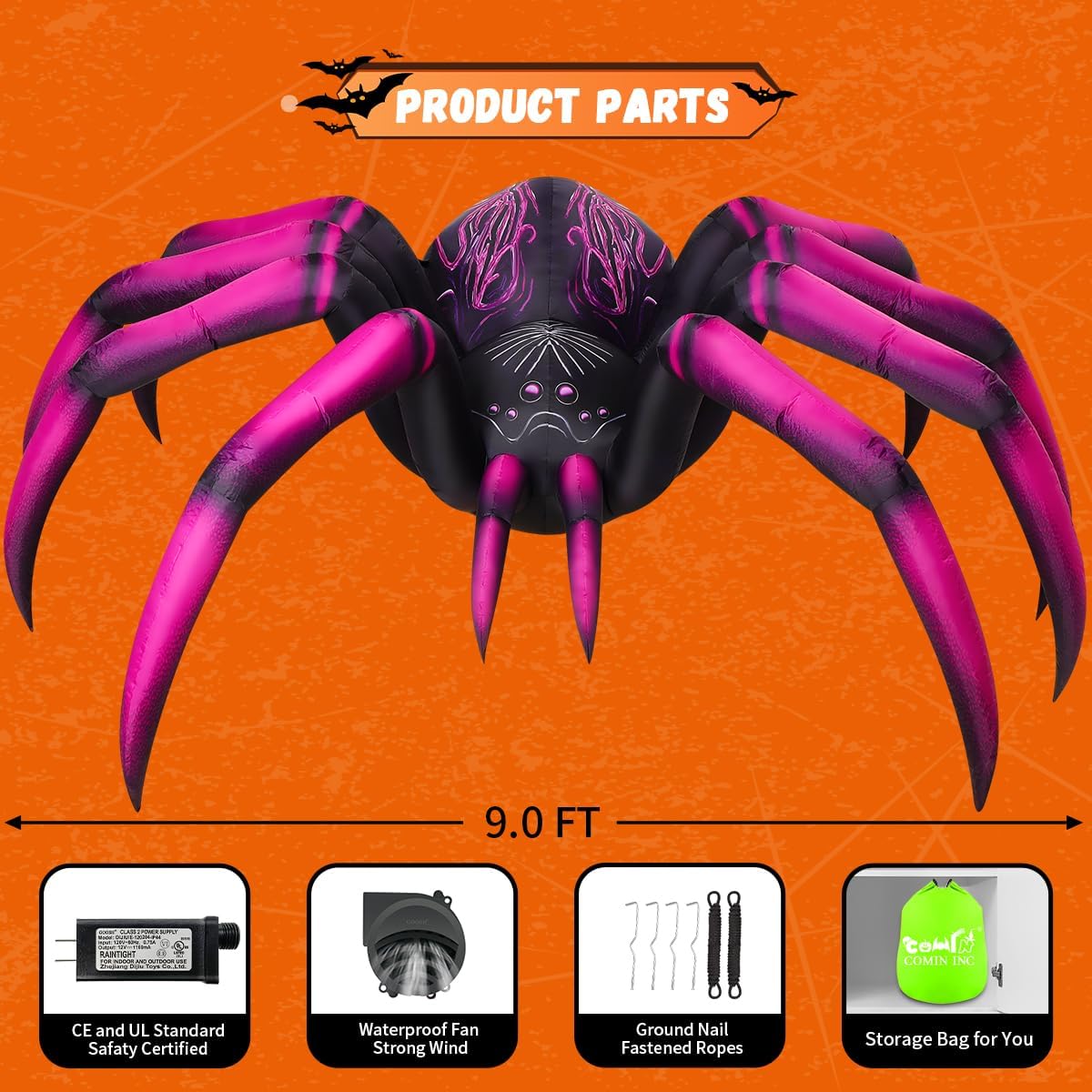 COMIN 9 FT Long Halloween Inflatables Purple Gradient Spider Outdoor Decorations Blow Up with Built-in LEDs for Halloween Indoor Yard Lawn Garden Decoration