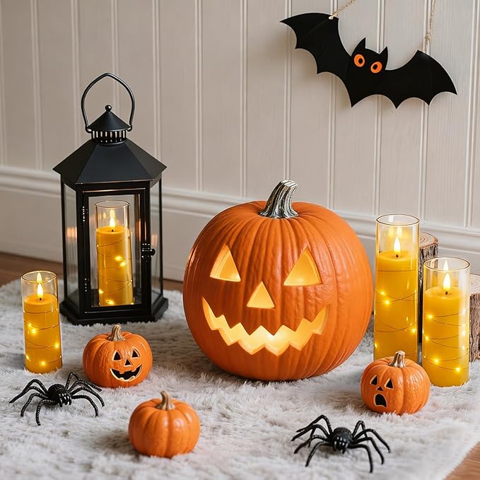 Raycare Flameless Candle with Remote Timer – 9 Flickering Acrylic Battery Operated LED Pillar Candles with Embedded Star String for Halloween, Home Decor, and as a Gift(Glod) (9 Pcs)