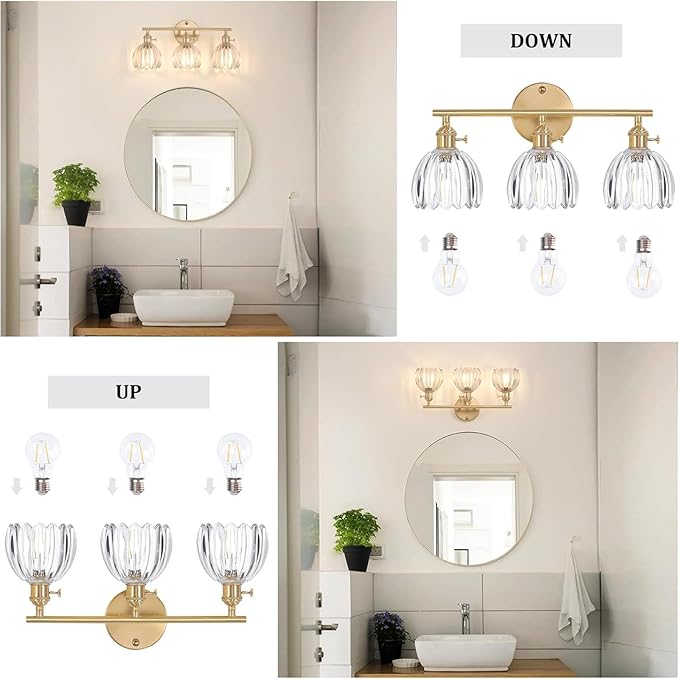 Shenmoyl Bathroom Light Fixtures, 3-Light Brass Vanity Wall Light Over Mirror