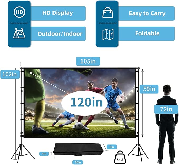 TOWOND Projector Screen and Stand, 120 inch Outdoor Projection Screen, Portable