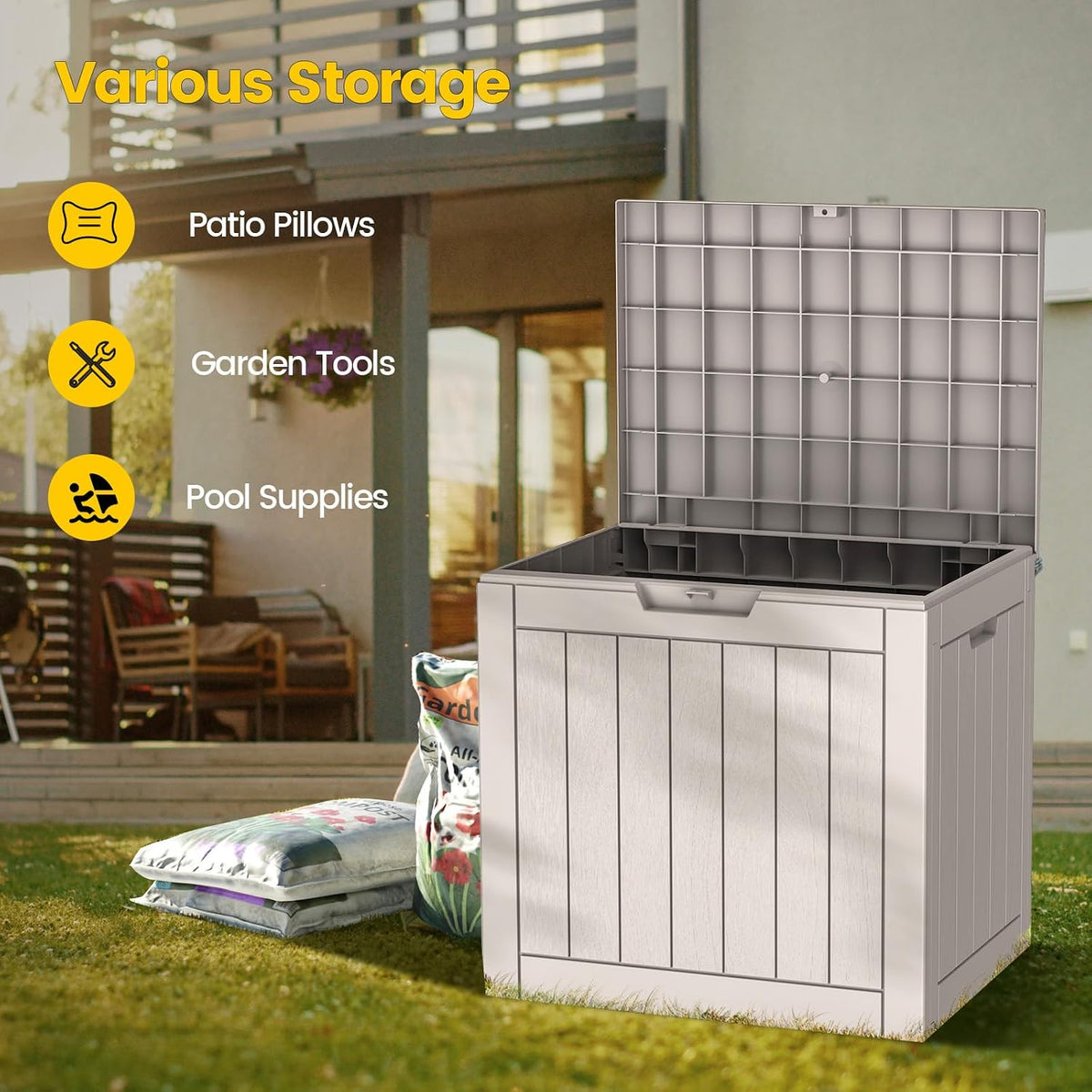 zapdos 31 gallon outdoor deck box, lockable waterproof shown in use