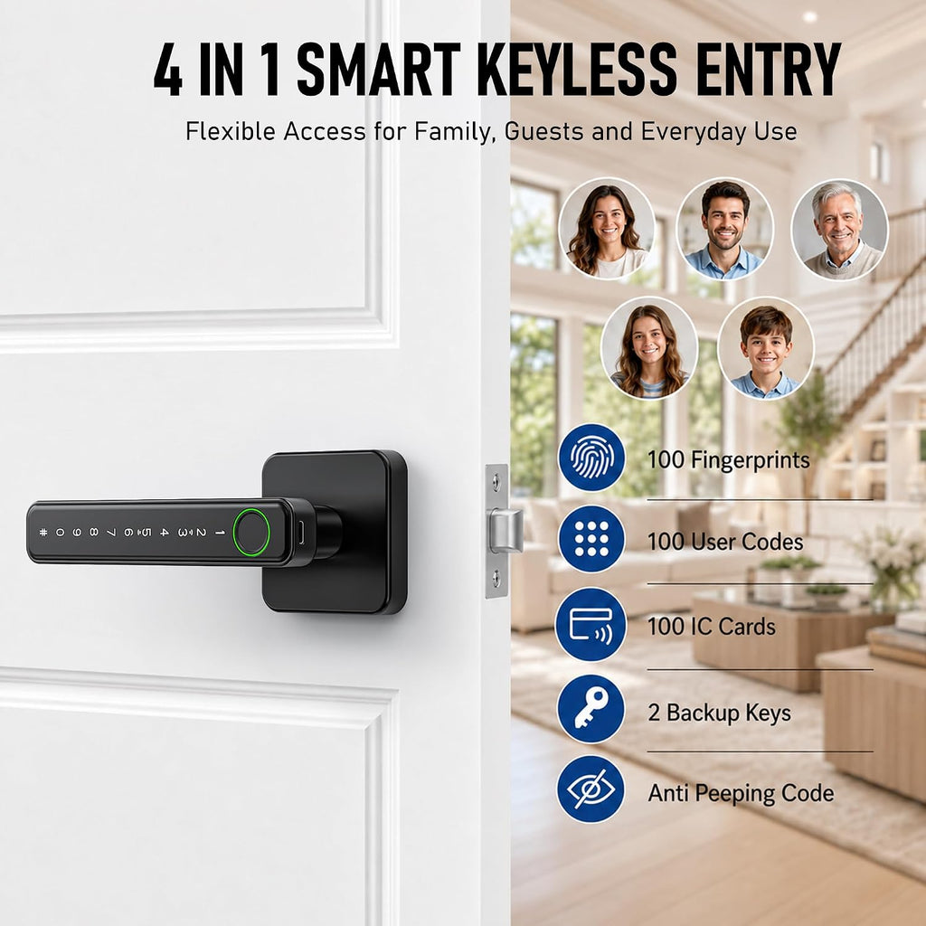 smart fingerprint door lock knob, biometric keyless entry shown in use