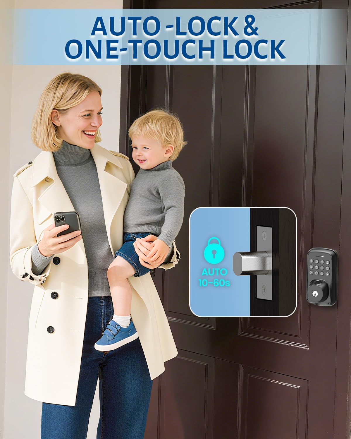 Keyless Entry Door Lock with Handle Set, Smart Door Lock with Fingerprint, 5 in 1 Unlock, Auto Lock Biometric Fingerprint Door Lock for Front Door, Easy Installation (Black)