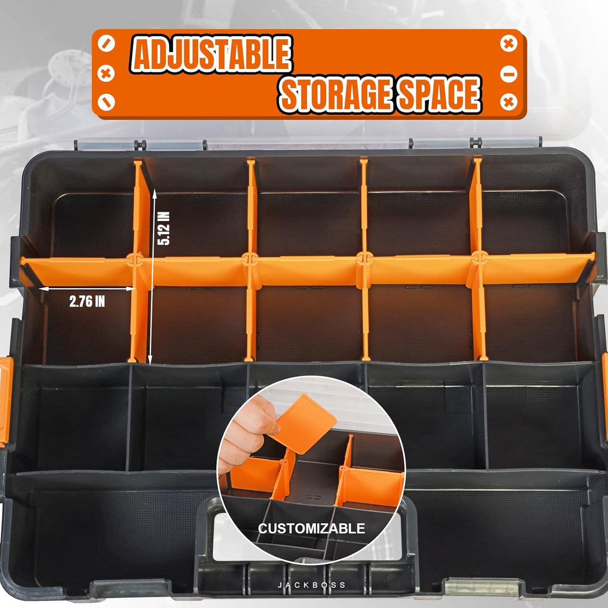 jack boss tool box with transparent lid, single, close-up detail
