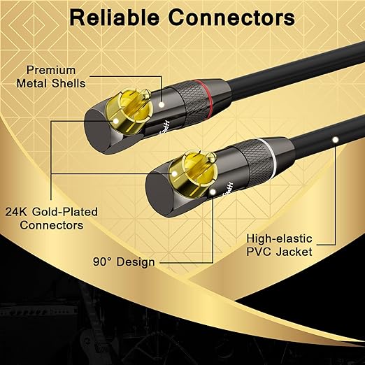 Right Angle RCA Cable 50 FT, 90 Degree 2RCA to 2RCA Stereo Audio Cable